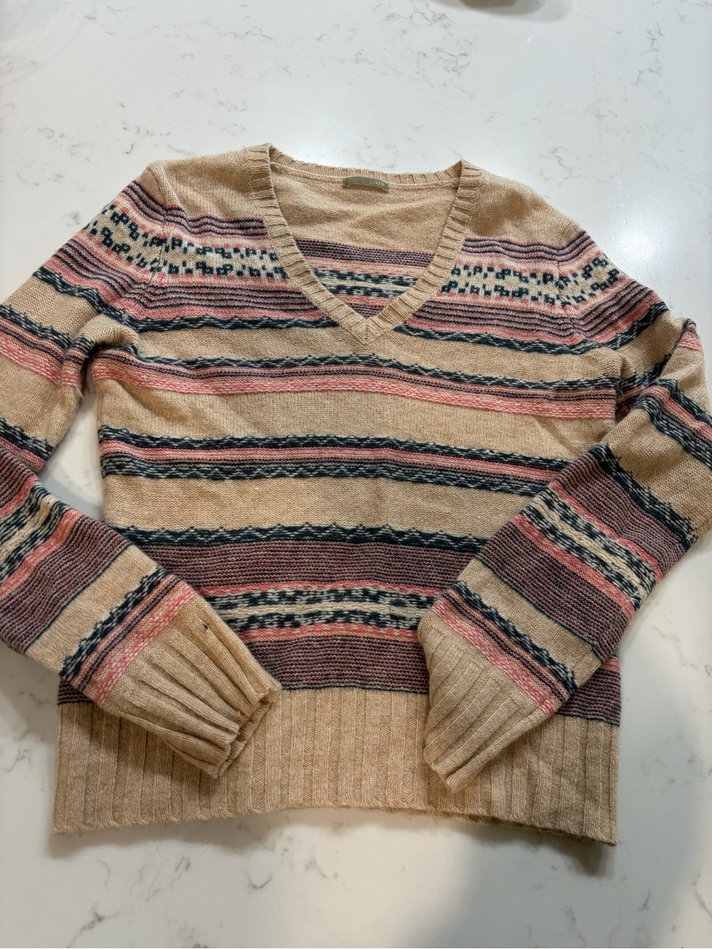 J. Crew Beige V-Neck Striped Knit Sweater with Pink and Navy Accents